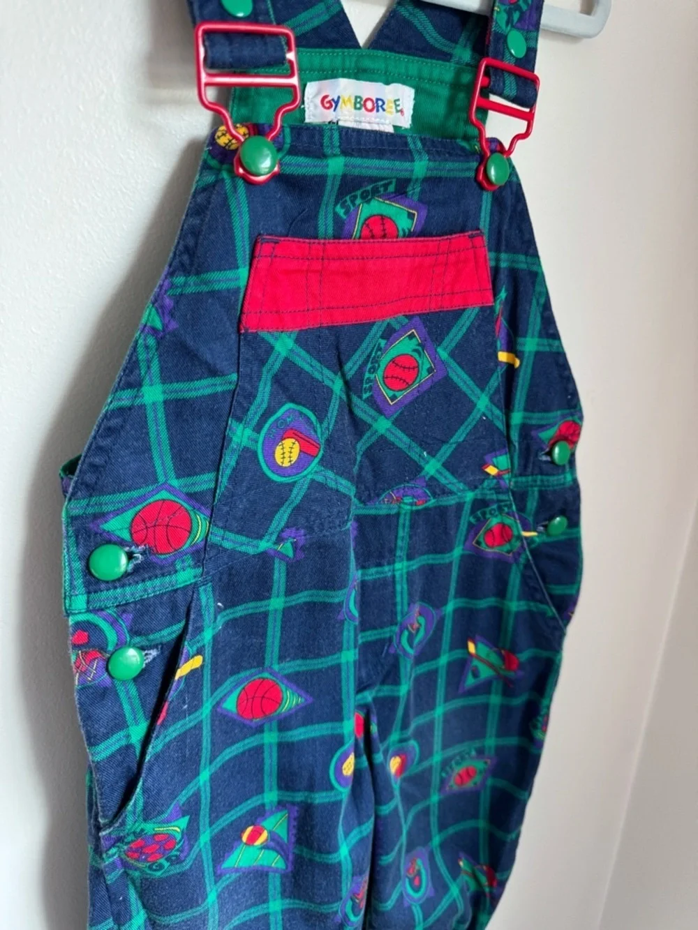 Gymboree Vintage Rainbow Tag Plaid Sports-Print Kids Overalls Size Small
